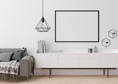 Empty black picture frame on white wall in modern living room. Mock up interior in contemporary style. Free space, copy space for your picture, poster. Sofa, sideboard, lamp, books. 3D rendering