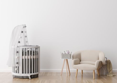 Empty white wall in modern child room. Mock up interior in scandinavian style. Free, copy space for your picture, poster. Baby bed, armchair. Cozy room for kids. 3D rendering