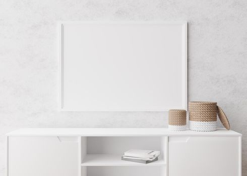 Empty horizontal picture frame on white wall in modern living room. Mock up interior in minimalist, scandinavian style. Free, copy space for picture. Console, rattan basket. 3D rendering