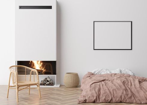 Blank horizontal picture frame on white wall in bedroom. Mock up poster frame in modern interior. Free space, copy space for your design. Bed, rattan armchair, fireplace. 3D render, 3D illustration
