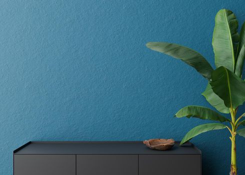 Empty blue wall. Mock up interior in contemporary style. Close up view. Free space, copy space for your picture, text, or another design. Sideboard, plant. 3D rendering