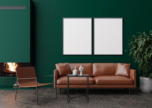 Two empty vertical picture frames on dark green wall in modern living room. Mock up interior in contemporary style. Free space for picture, poster. Sofa, armchair, fireplace, plant. 3D rendering