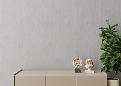 Empty gray wall. Mock up interior in contemporary style. Close up view. Free space, copy space for your picture, text, or another design. Sideboard, plant, sculptures. 3D rendering