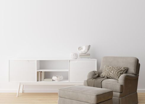 Empty white wall in modern living room. Mock up interior in contemporary, scandinavian style. Free, copy space for picture, poster, text, or another design. Armchair, console, sculpture. 3D rendering