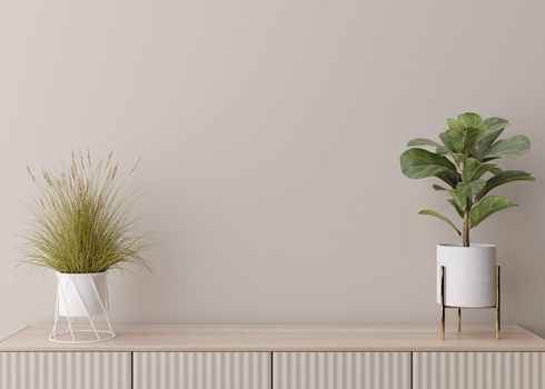 Empty cream wall. Mock up interior in contemporary style. Close up view. Free, copy space for your picture, text, or another design. Sideboard, plants. 3D rendering