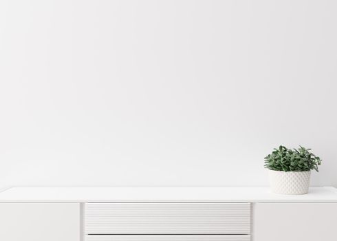 Empty white wall. Mock up interior in contemporary style. Close up view. Free space, copy space for your picture, text, or another design. Sideboard, plant. 3D rendering