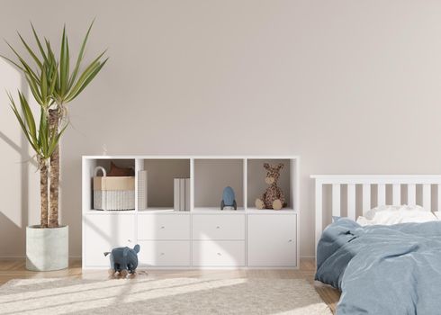 Empty cream wall in modern child room. Mock up interior in scandinavian style. Free, copy space for your picture, poster. Bed, console, plant, toys. Cozy room for kids. 3D rendering
