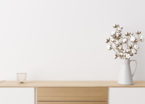 Empty white wall. Mock up interior in contemporary style. Close up view. Free space, copy space for your picture, text, or another design. Sideboard, cotton plant. 3D rendering