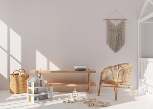 Empty white wall in modern child room. Mock up interior in scandinavian, boho style. Copy space for your picture or poster. Console, rattan armchair, toys, macrame. Cozy room for kids. 3D rendering