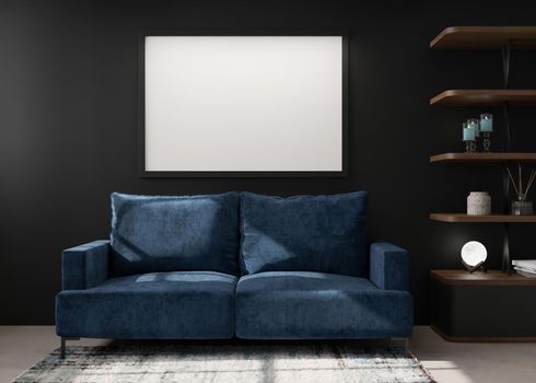 Empty black picture frame on black wall in modern living room. Mock up interior in contemporary style. Free space, copy space for your picture, poster. Blue sofa. shelves, carpet. 3D rendering