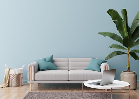 Empty light blue wall in modern living room. Mock up interior in contemporary, scandinavian style. Free, copy space for picture, poster, text, or another design. Sofa, plant, table. 3D rendering