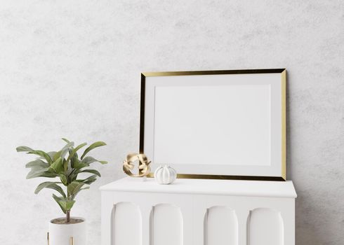 Empty picture frame standing on white console in modern living room. Mock up interior in minimalist, scandinavian style. Free space for picture. Console, plant, vase. 3D rendering