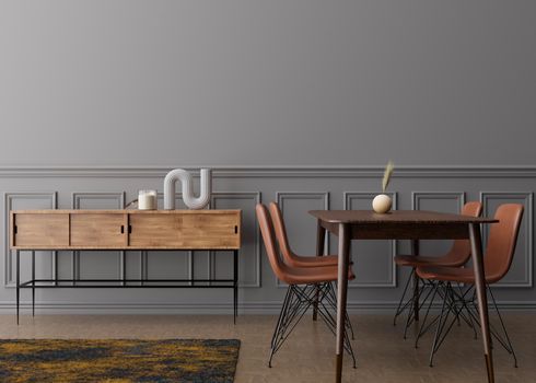 Empty gray wall in modern dining room. Mock up interior in contemporary style. Free space, copy space for your picture, text, or another design. Dining table with chairs, parquet floor. 3D rendering