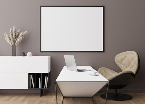 Empty horizontal picture frame on brown wall in modern room. Mock up interior in contemporary style. Free space, copy space for your picture, poster. Desk, console, lamp, parquet floor. 3D rendering