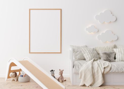 Empty vertical picture frame on white wall in modern child room. Mock up interior in scandinavian style. Free, copy space for your picture. Bed, slide, toys. Cozy room for kids. 3D rendering