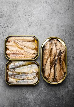 Assorted canned fish in a tin over gray concrete background: sardine, smoked sardine, mackerel. Tinned fish as a convenient, fast, healthy food and source of omega-3 fatty acids, protein and vitamin D
