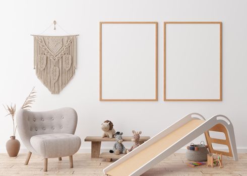 Two empty vertical picture frames on white wall in modern child room. Mock up interior in scandinavian, boho style. Free, copy space for your picture. Macrame, toys. Cozy room for kids. 3D rendering