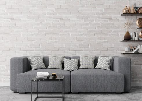 Empty white brick wall in modern living room. Mock up interior in contemporary style. Free space, copy space for your picture, text, or another design. Sofa, table, shelves. 3D rendering