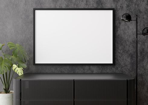 Empty horizontal picture frame on dark wall in modern living room. Mock up interior in contemporary style. Free, copy space for your picture, poster. Console, lamp, monstera plant. 3D rendering