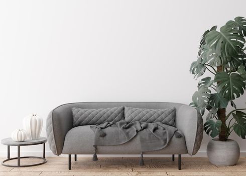 Empty green wall in modern living room. Mock up interior in contemporary, scandinavian style. Free, copy space for picture, poster, text, or another design. Sofa, plant, table. 3D rendering