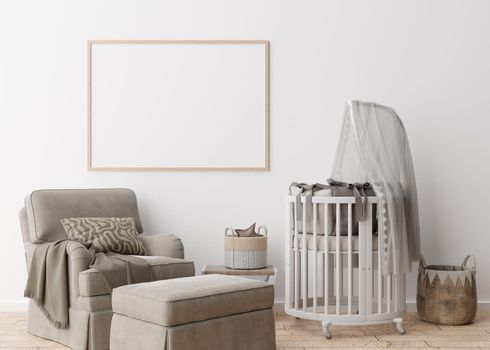 Empty horizontal picture frame on white wall in modern child room. Mock up interior in scandinavian style. Free, copy space for your picture. Baby bed, armchair. Cozy room for kids. 3D rendering