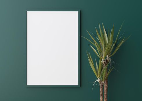 Empty vertical picture frame on green wall. Free, copy space for picture, poster. Template for your design. Plant. 3D rendering