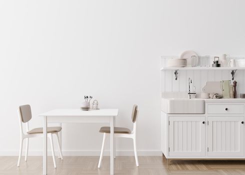 Empty white wall in modern kitchen. Mock up interior in minimalist, contemporary style. Free space, copy space for your picture, text, or another design. Table, chairs. 3D rendering