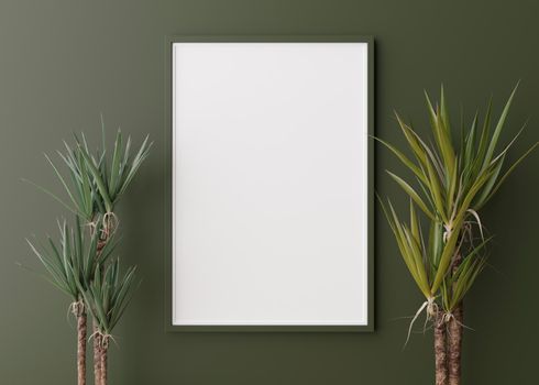 Empty vertical picture frame on green wall. Free, copy space for picture, poster. Template for your design. Plants. 3D rendering