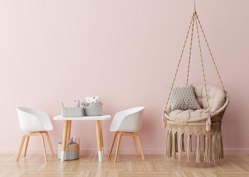 Empty pink wall in modern child room. Mock up interior in scandinavian, boho style. Free, copy space for your picture, poster. Table, chairs, hanging armchair, toys. Cozy room for kids. 3D rendering