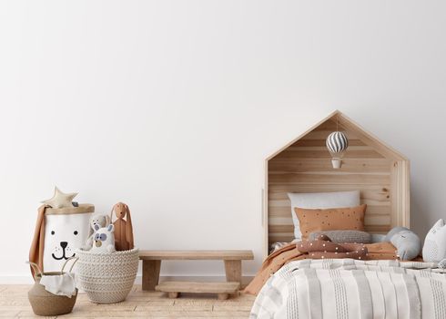 Empty white wall in modern child room. Mock up interior in scandinavian style. Free, copy space for your picture, poster. Bed, rattan basket, toys. Cozy room for kids. 3D rendering