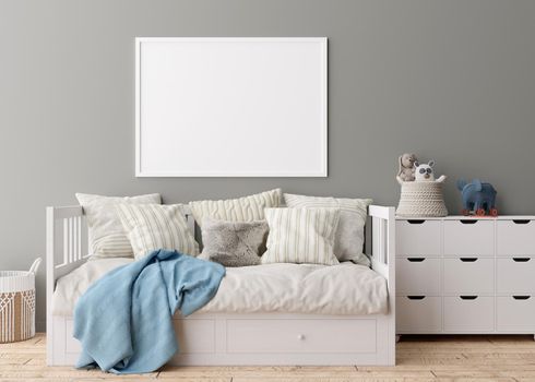 Empty horizontal picture frame on gray wall in modern child room. Mock up interior in scandinavian style. Free, copy space for your picture. Bed, console, toys. Cozy room for kids. 3D rendering