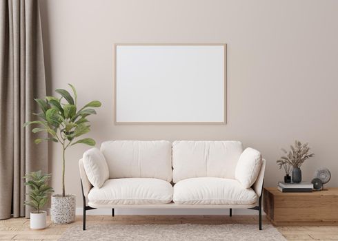 Empty horizontal picture frame on cream wall in modern living room. Mock up interior in scandinavian style. Free, copy space for your picture, poster. Sofa, table, dried grass, books. 3D rendering