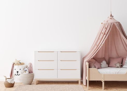 Empty white wall in modern child room. Mock up interior in scandinavian style. Free, copy space for your picture, poster. Bed, console, rattan basket, toys. Cozy room for kids. 3D rendering