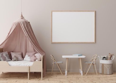 Empty horizontal picture frame on cream wall in modern child room. Mock up interior in scandinavian style. Free, copy space for your picture, poster. Bed, toys. Cozy room for kids. 3D rendering