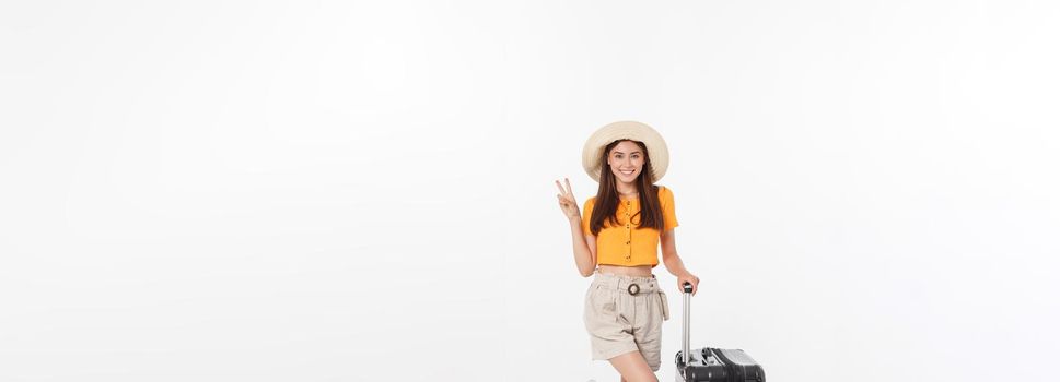 Full length of attractive young female in traveller casual with the travel bag, isolated on white background.