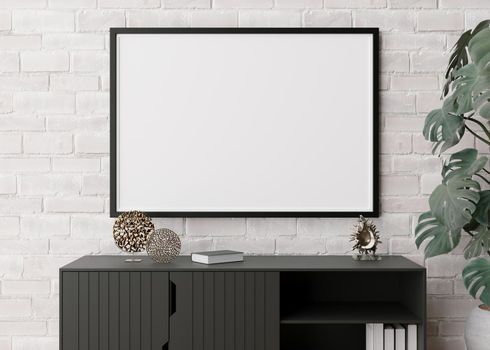 Empty horizontal picture frame on white brick wall in modern living room. Mock up interior in minimalist, scandinavian style. Free, copy space for picture, poster. Console, sculptures. 3D rendering