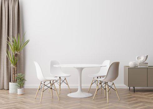 Empty white wall in modern living room. Mock up interior in contemporary, scandinavian style. Free, copy space for picture, poster, text, or another design. Console, table, plant. 3D rendering