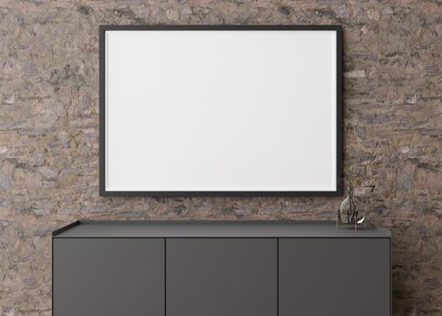 Empty horizontal picture frame on brown stone wall in modern living room. Mock up interior in contemporary style. Free, copy space for picture, poster. Console, glass vase. 3D rendering