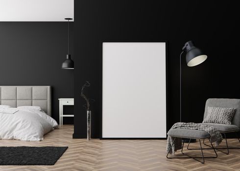 Empty vertical picture frame standing on parquet floor in modern bedroom. Mock up interior in minimalist, contemporary style. Free space for picture or poster. Bed, armchair, lamp. 3D rendering