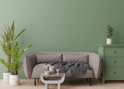 Empty green wall in modern living room. Mock up interior in contemporary, scandinavian style. Free, copy space for picture, poster, text, or another design. Sofa, plants, table. 3D rendering