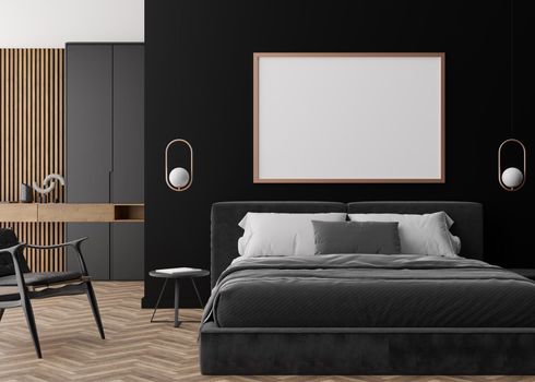 Empty picture frame on black wall in modern bedroom. Mock up interior in contemporary style. Free, copy space for your picture, poster. Bed, armchair, wardrobe, lamps. 3D rendering