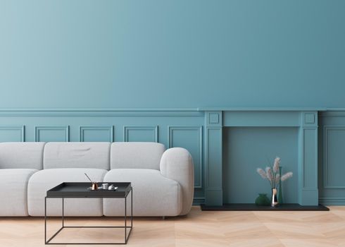 Empty blue wall in modern living room. Mock up interior in contemporary style. Free, copy space for picture, poster, text, or another design. Sofa, table, vase. 3D rendering