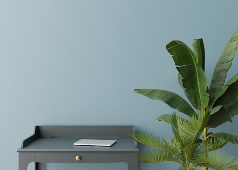 Empty light blue wall. Mock up interior in contemporary style. Close up view. Free space, copy space for your picture, text, or another design. Desk, laptop, plants. 3D rendering