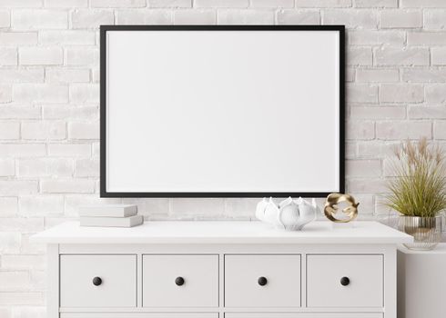 Empty horizontal picture frame on white brick wall in modern living room. Mock up interior in minimalist, scandinavian style. Free, copy space for picture, poster. Console, sculptures. 3D rendering