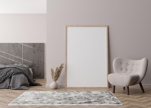 Empty vertical picture frame standing on parquet floor in modern bedroom. Mock up interior in contemporary style. Free space for picture or poster. Bed, armchair, pampas grass. 3D rendering
