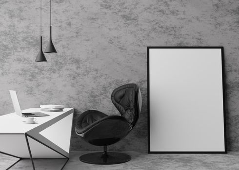 Empty vertical picture frame standing on concrete floor in modern home office. Mock up interior in minimalist, contemporary style. Free space for picture or poster. Desk, hanging lamps. 3D rendering