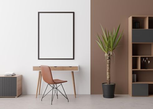 Empty vertical picture frame on white wall in modern room. Mock up interior in minimalist, contemporary style. Free, copy space for your picture, poster. Desk, chair, sideboard, plant. 3D rendering