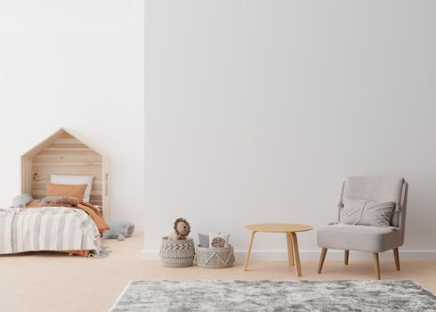 Empty white wall in modern child room. Mock up interior in scandinavian, boho style. Copy space for your picture or poster. Bed, armchair, toys, rattan basket. Cozy room for kids. 3D rendering