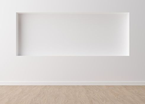 Empty room, white wall and parquet floor. Only wall and floor. Mock up interior. Free, copy space for your furniture, picture and other objects. 3D rendering