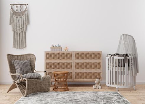 Empty white wall in modern child room. Mock up interior in scandinavian, boho style. Copy space for your picture or poster. Console, rattan armchair, toys, macrame. Cozy room for baby. 3D rendering